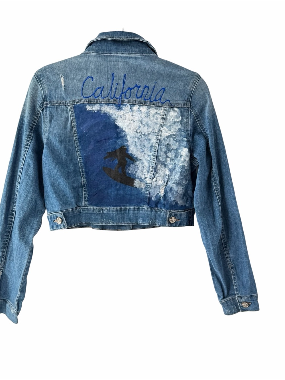 Enjean Hand‎ Painted Cali Surf Blue Distressed Denim Crop Jacket - Women's Sz S